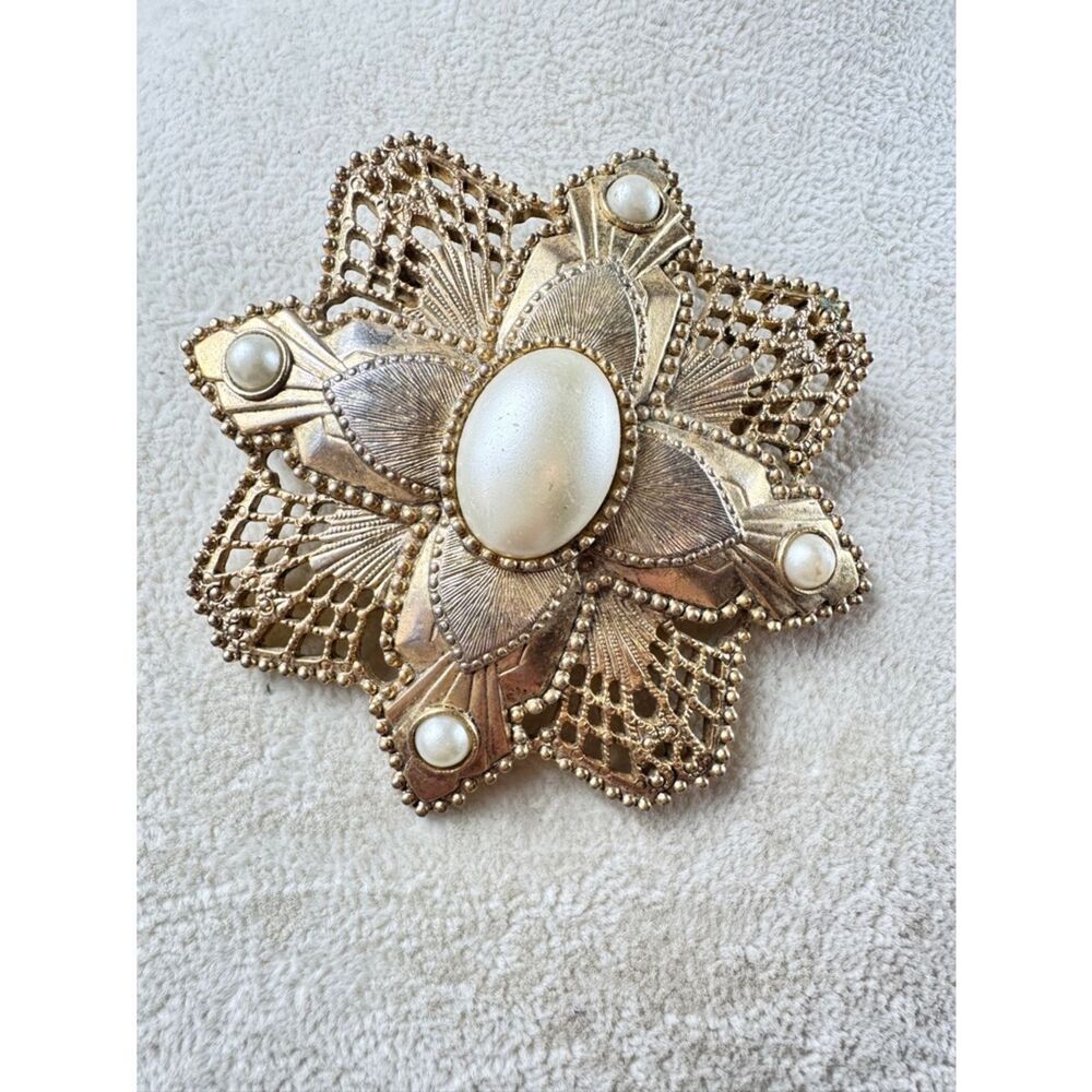 Gold-Tone Floral Filigree Brooch with Pearl Cabochons